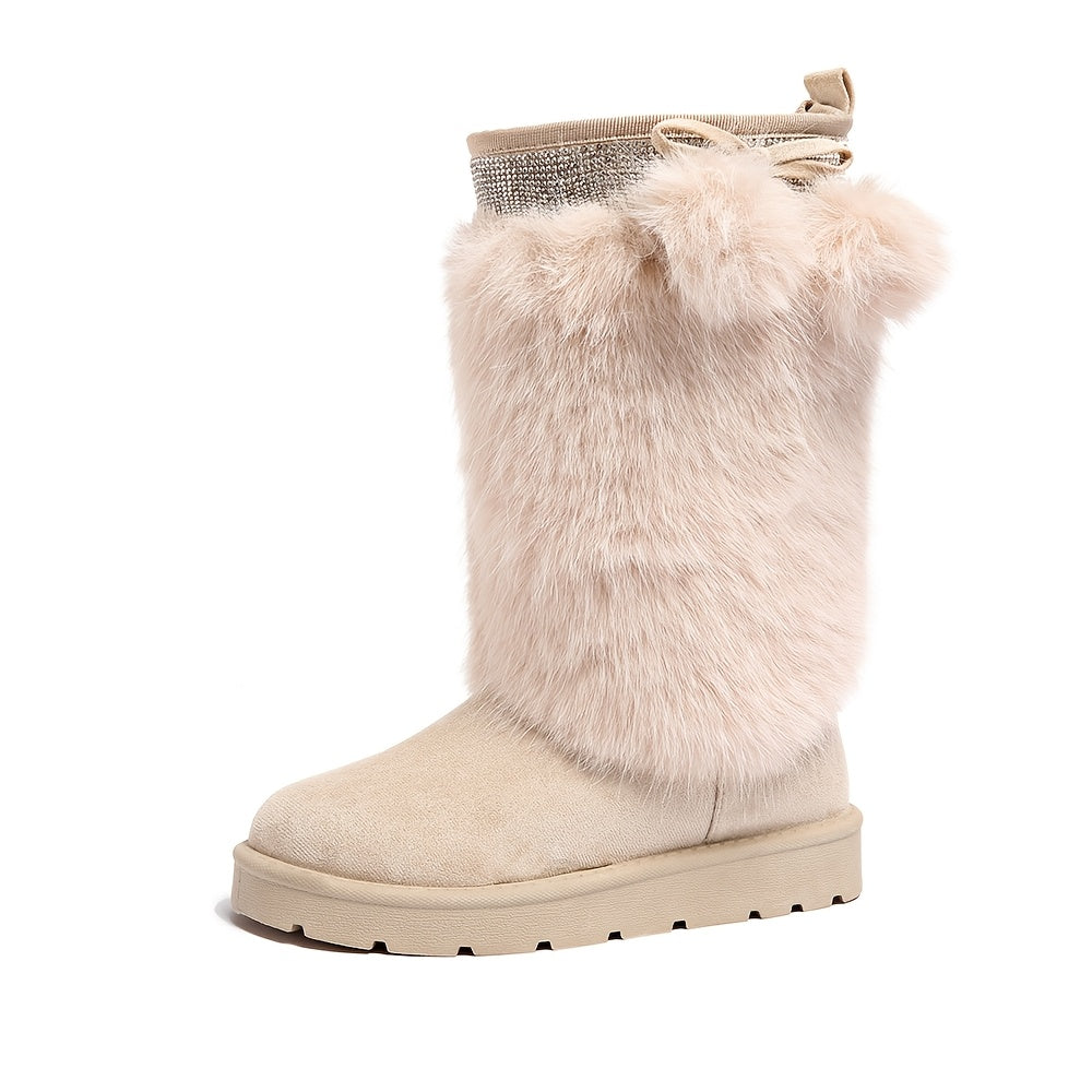 Women'S Plush Fur Ball Snow Boots, Mid-Calf Winter Booties, With Fabric Upper, Lining, Insole, PVC Sole, For Winter