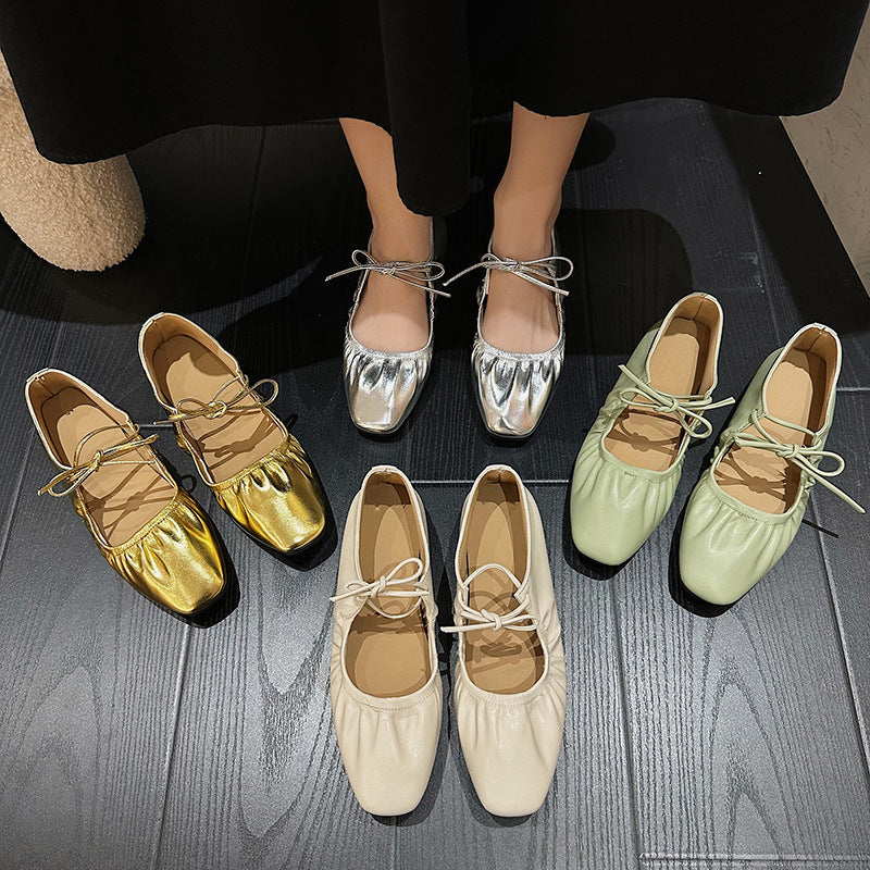Metallic Pleated Detail Square Toe Flat Shoes Charming Outdoor Flat Shoes French Soft Cover Soft Bottom Retro Beautiful Flat Shoes Niche Lace-up Loafers Golden Silvery Mary Jane Single Shoes Women Women's shoes, Designer Shoes for Women, Shoes for Women C