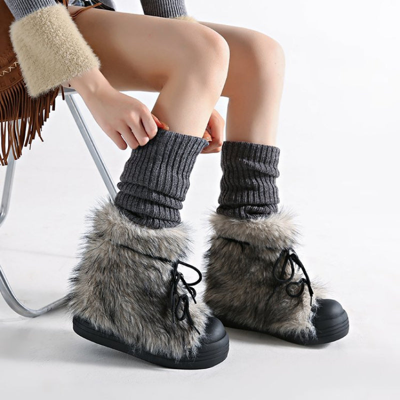 Women's Vintage Furry Chunky Winter Boots - Thick-Soled Cold-Resistant Round-Toe PU Cover-like Synthetic Upper with Plush Faux Fur Lining, Brown\u002FBlack\u002FCoffee Color Options, Slip-Resistant Rubber Sole & Buckle Closure for Snow, Ice, and Everyday