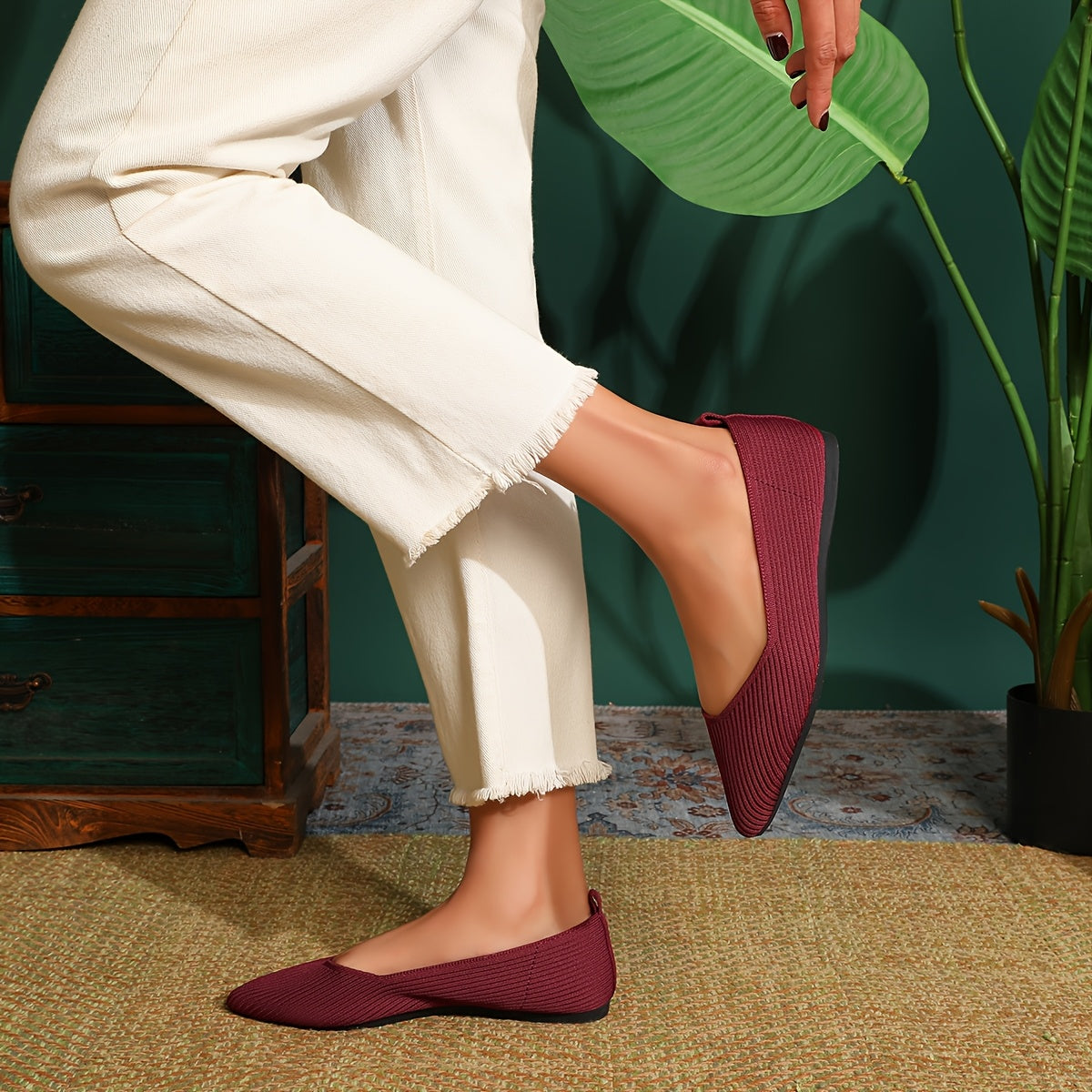 Women's Elegant Knit Ballet Flats - Pointed Toe, Lightweight Slip-On Design, Comfortable Dress Shoes with Ribbed Texture and Contrasting Color Accents, Versatile Footwear|Elegant Slipon Shoes|Fabric Upper Flats