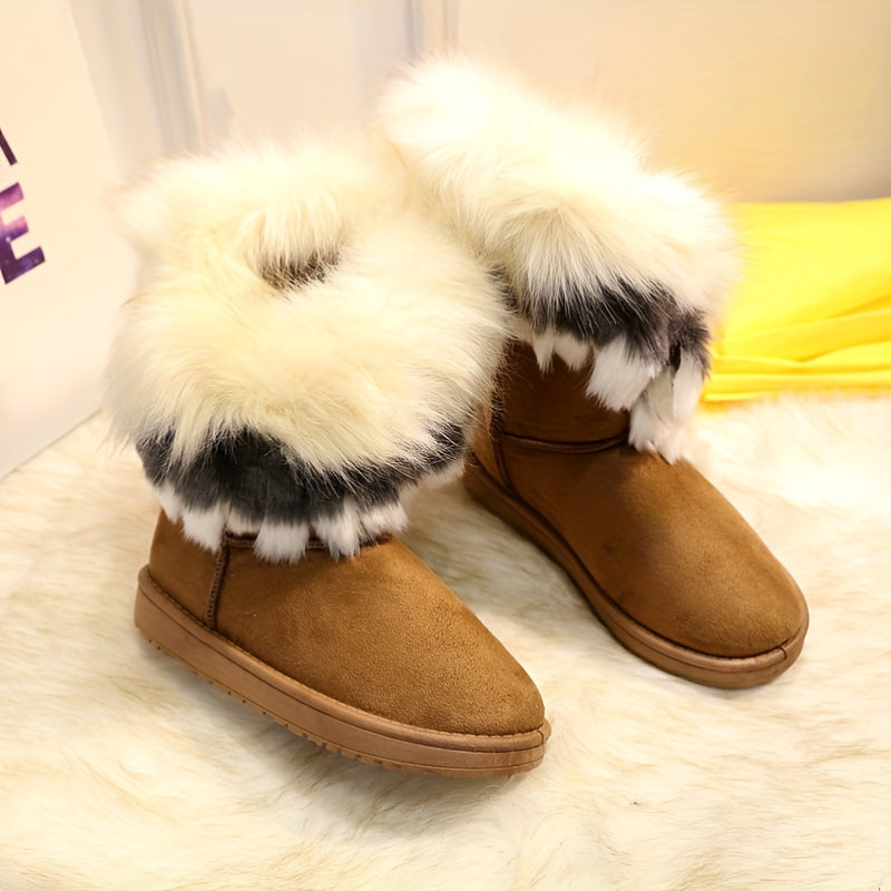 Women's Winter Warm Fluffy Faux Fur-Lined Mid-Calf Boots - EVA Suede-Like Texture, Round Toe & Arch Support, Cushioned Insole, PU Sole - Cozy Snow Boots for Cold Weather, Casual & Formal Outfits (Brown\u002FBlack\u002FWhite) - 2020 New Autumn\u002FWinter