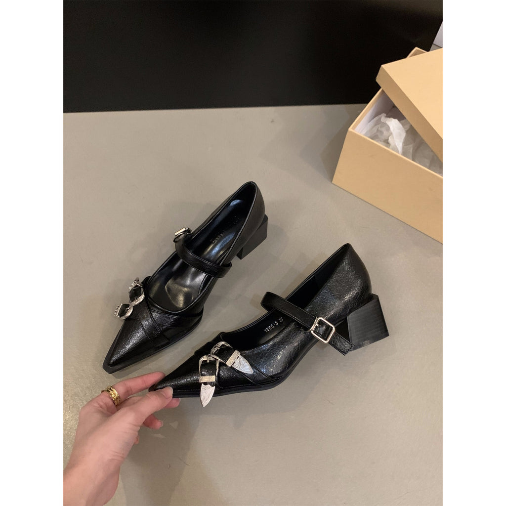Women's French-Style Mary Jane Pointed-Toe High Heel Shoes - PU Cover-like Glossy Faux Cover with Golden Buckle Strap, Solid Black\u002FWhite\u002FBrown\u002FTan\u002FBurgundy - All-Season Elegant Dress Shoes with EVA Cushioned Insole & Rubber Sole, Hand