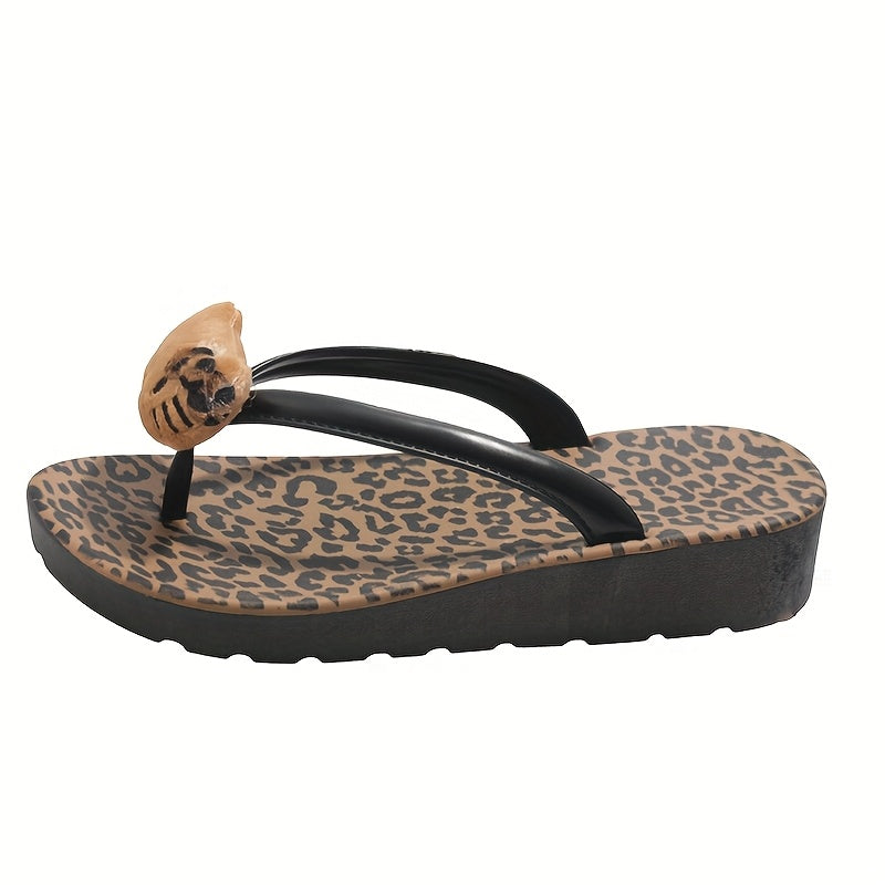 Sanrio Hello Kitty Women's Flip Flops - Leopard Print Soft Microfiber & EVA Thick Sole Slip-On Sandals, Black\u002FBrown Casual Beach Slippers for Summer Travel & Daily Wear, Beach Shoes