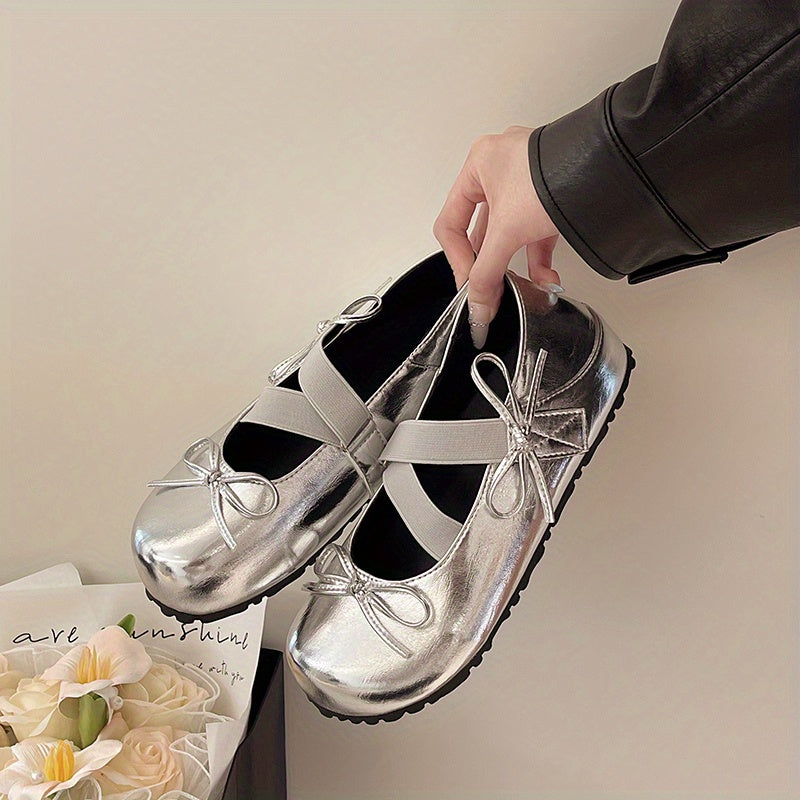 Women's Slip-On Shoes with Elegant Bow - Slip-On Closure, Round Toe, Cushioned TPR Sole - Low Heel (0.39-1.18inch) for Everyday & Formal Events - Women's Elegant Flats, Bow Embellishment, Shimmering Finish