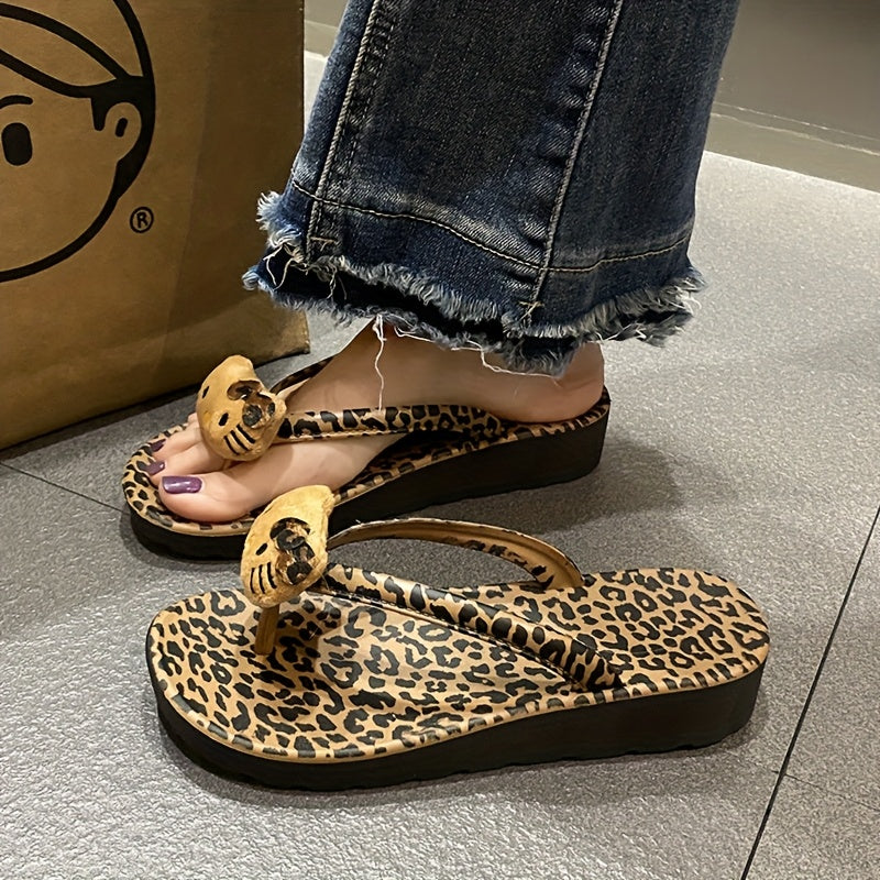 Sanrio Hello Kitty Women's Flip Flops - Leopard Print Soft Microfiber & EVA Thick Sole Slip-On Sandals, Black\u002FBrown Casual Beach Slippers for Summer Travel & Daily Wear, Beach Shoes