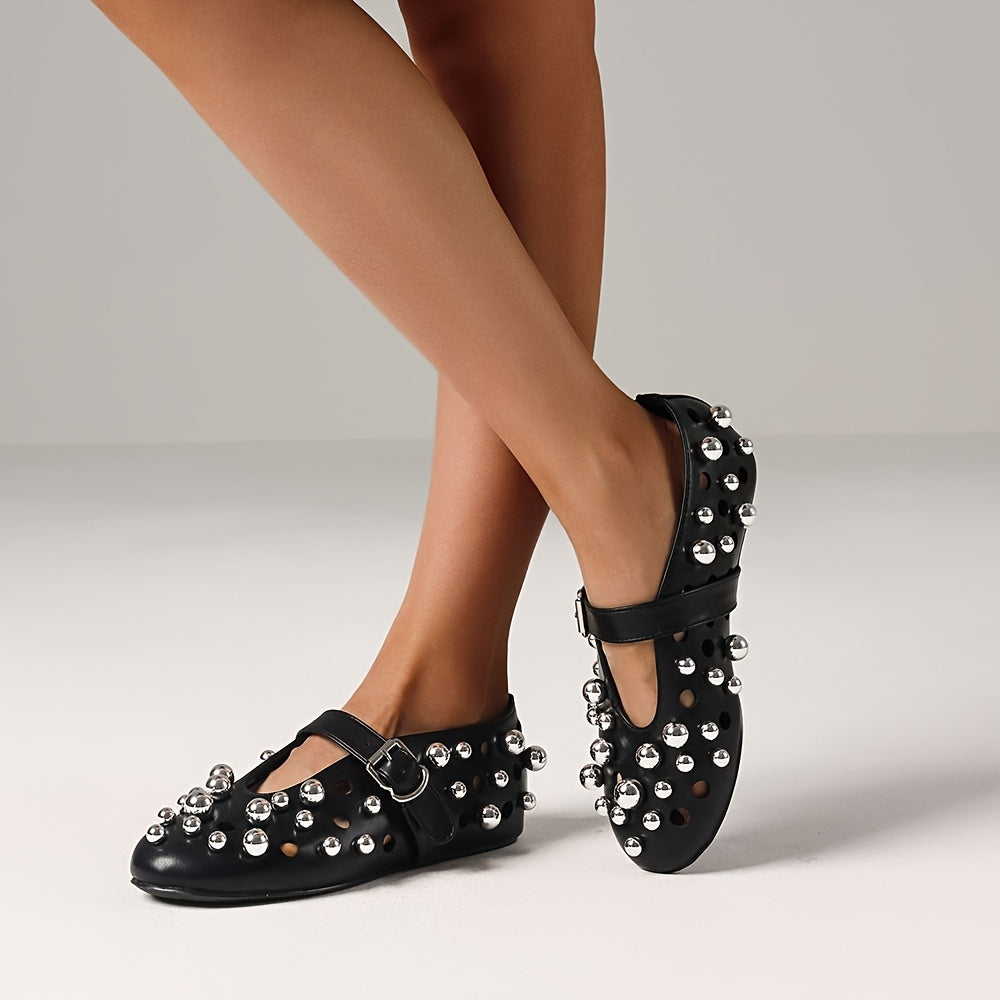 Lightweight Design| Women's Black Rivet Mary Jane Flats with Buckle Strap – Elegant Round Toe, Studded Detail, Comfortable Low Heel, Luxury Ballet Style, Ballet Shoes