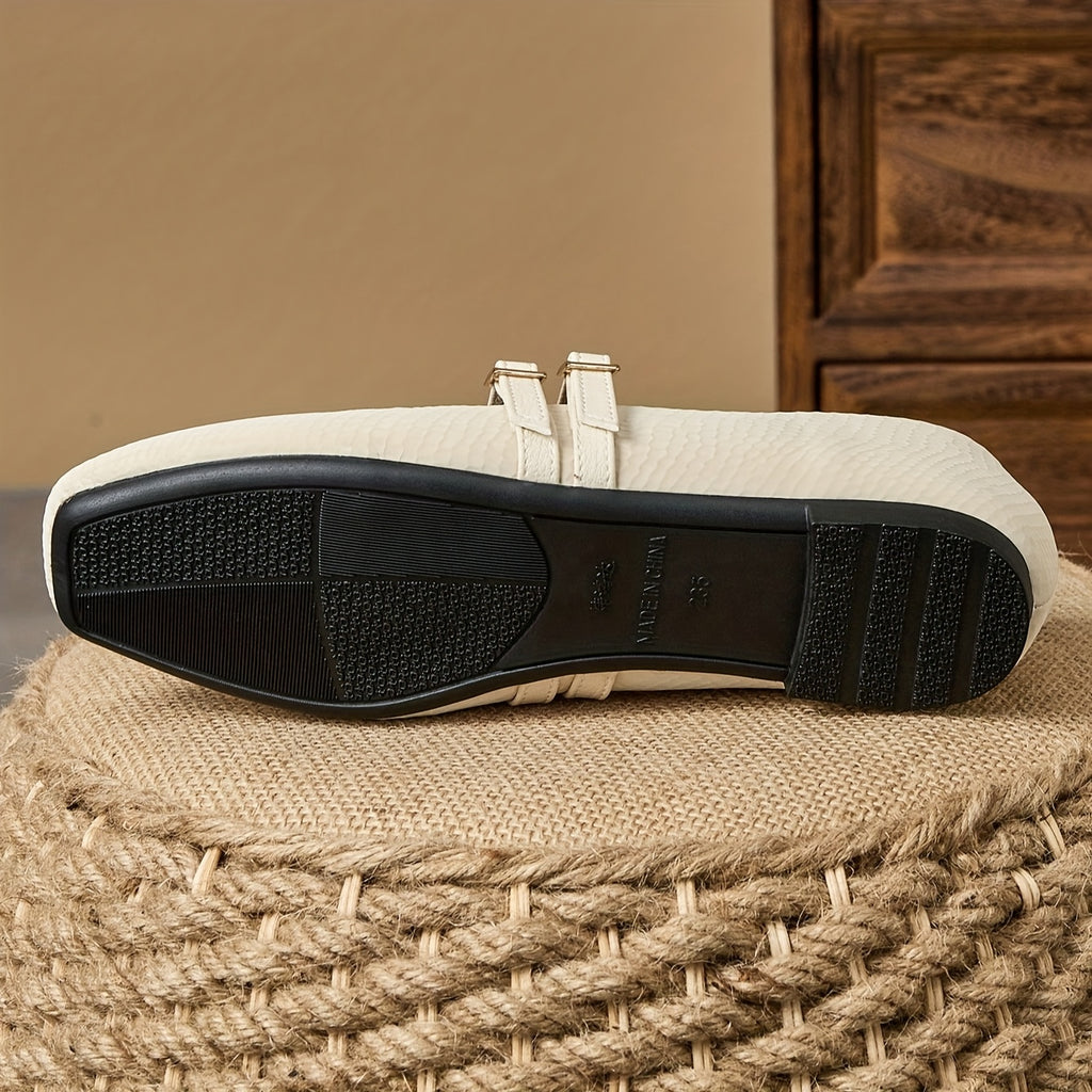 Women's French Square Toe Slip-On Flats - Beige Faux Cover Shoes with Cushioned Insole, Elegant Everyday & Formal Footwear for Women, Office, Parties, Casual Outfits - Grandma Flats, Office Wear, Minimalist Design, Durable Sole, Professional Women, Party