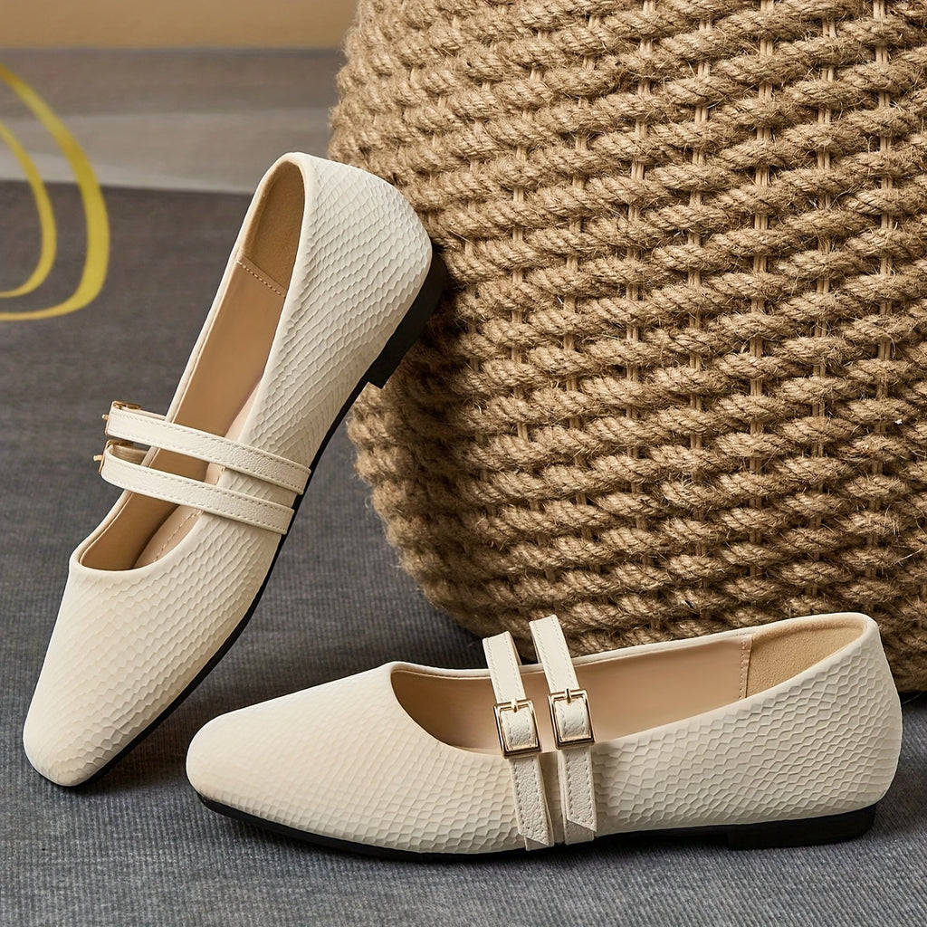 Women's French Square Toe Slip-On Flats - Beige Faux Cover Shoes with Cushioned Insole, Elegant Everyday & Formal Footwear for Women, Office, Parties, Casual Outfits - Grandma Flats, Office Wear, Minimalist Design, Durable Sole, Professional Women, Party