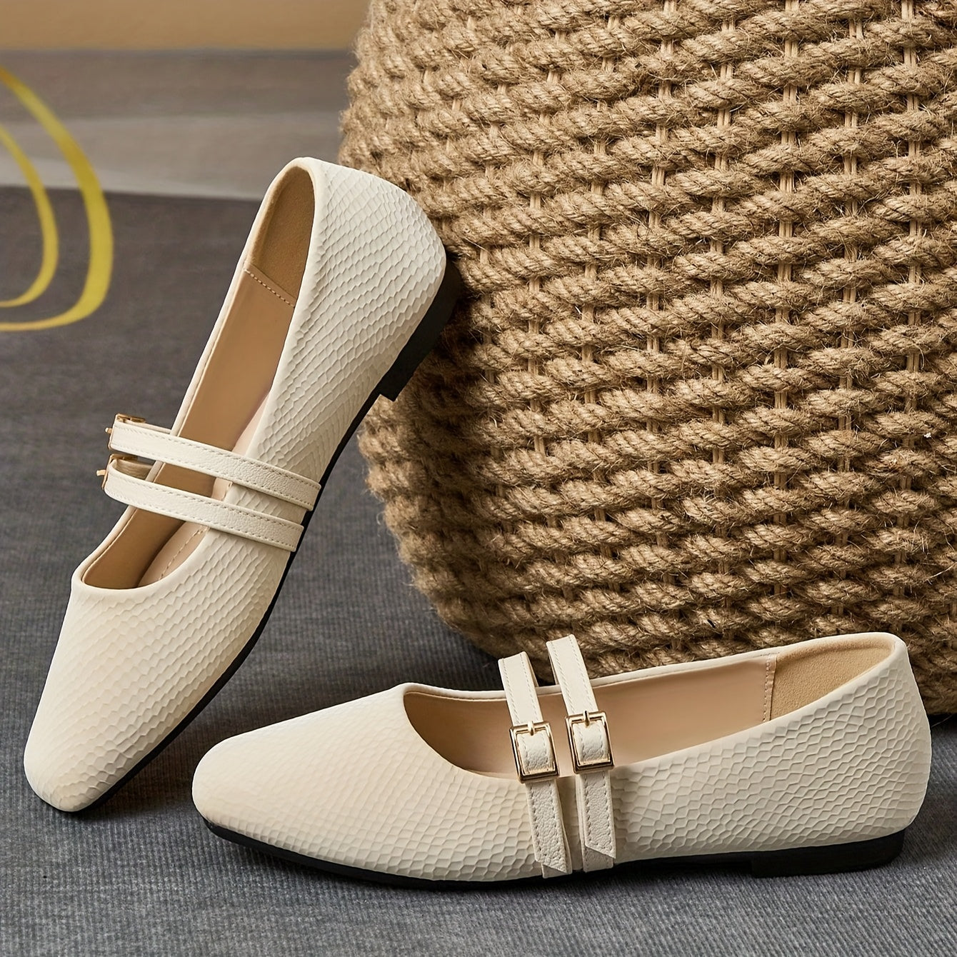 Women's French Square Toe Slip-On Flats - Beige Faux Cover Shoes with Cushioned Insole, Elegant Everyday & Formal Footwear for Women, Office, Parties, Casual Outfits - Grandma Flats, Office Wear, Minimalist Design, Durable Sole, Professional Women, Party