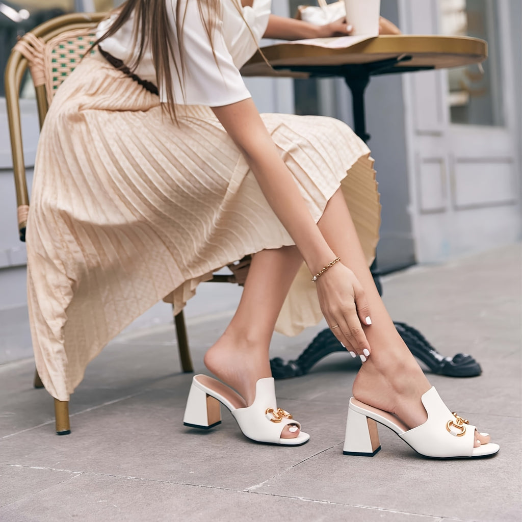 Women'S Sandals Peep Toe Slides Chunky Heel Mules Single Band Comfort Slip-on Shoes With Metal Chain For Spring Summer