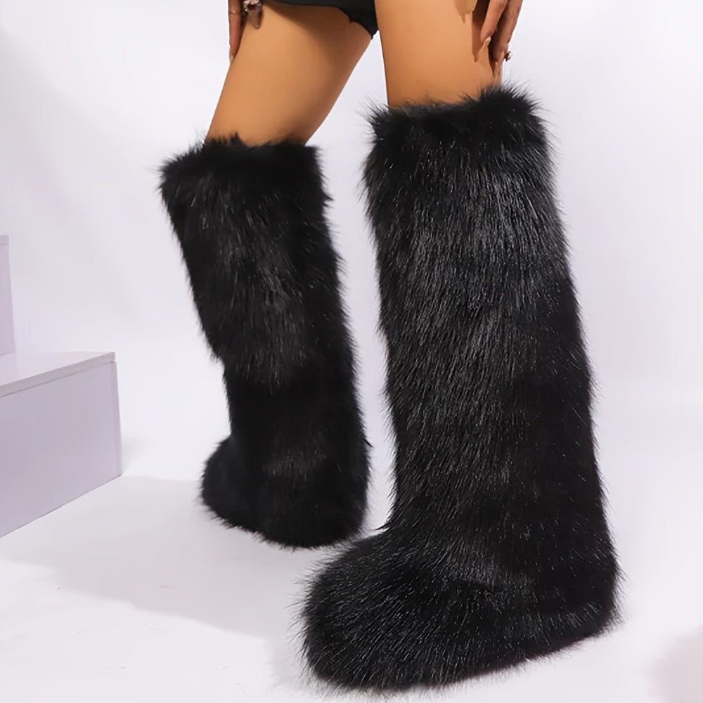 Women's Faux Fur Winter Snow Boots - Warm Plush Lined, Fluffy Knee-High Fashion Boots with Flat Heel, Ideal for Y2K Halloween Party and Casual Wear, Casual Snow Boots|Y2K Fashion Boots|Rubber Sole Boots, Winter Boots