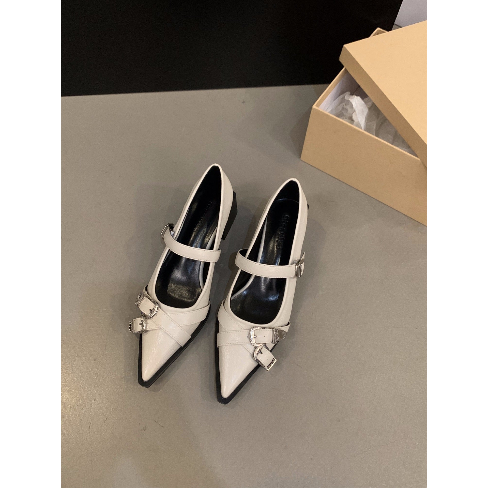 Women's French-Style Mary Jane Pointed-Toe High Heel Shoes - PU Cover-like Glossy Faux Cover with Golden Buckle Strap, Solid Black\u002FWhite\u002FBrown\u002FTan\u002FBurgundy - All-Season Elegant Dress Shoes with EVA Cushioned Insole & Rubber Sole, Hand