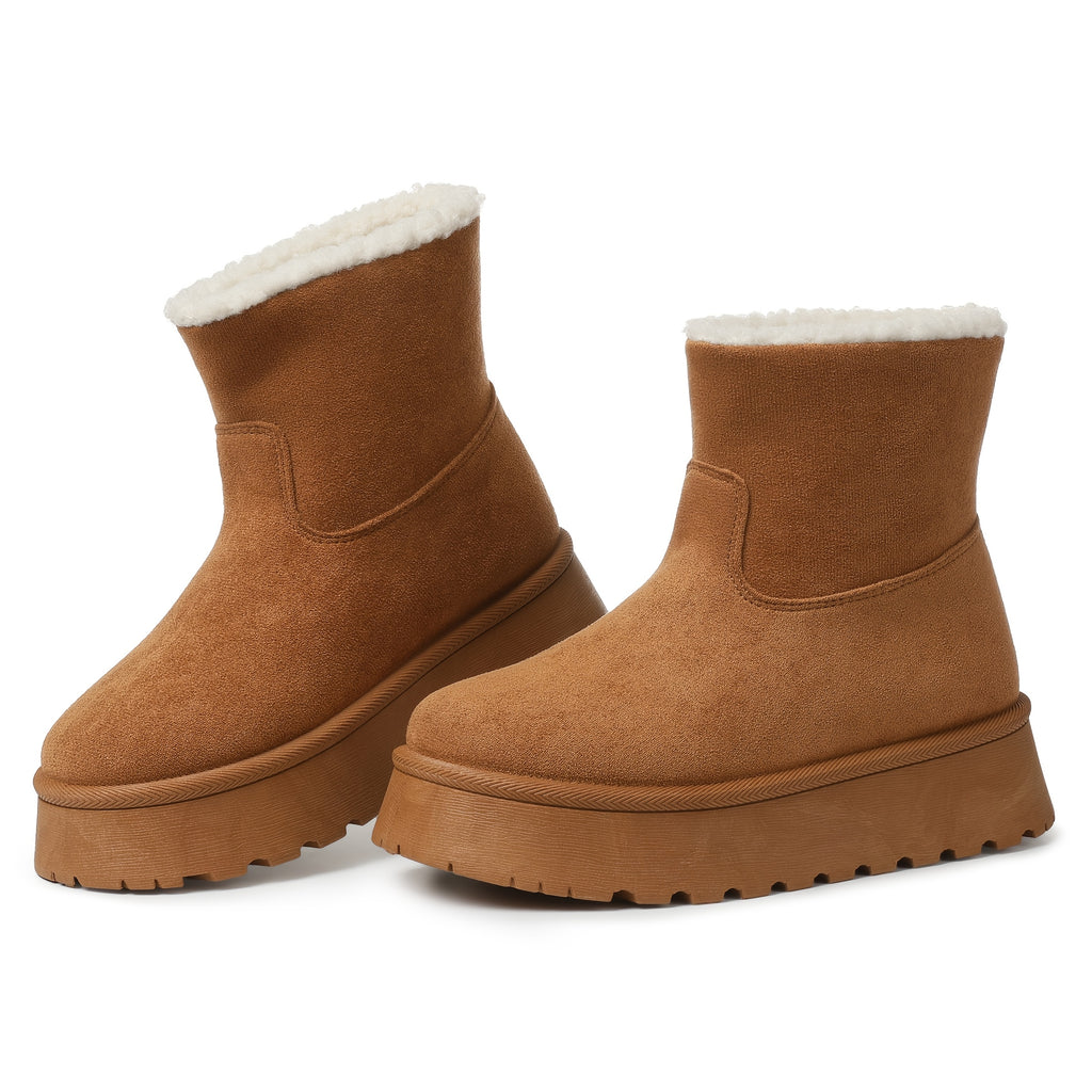 Women's Cozy Faux Fur-Lined Cover Winter Snow Boots - Warm Plush Ankle Booties with Anti-Slip Platform Sole, Pull-On Design, Round Toe, and Thick Rubber Heel for Casual Comfort