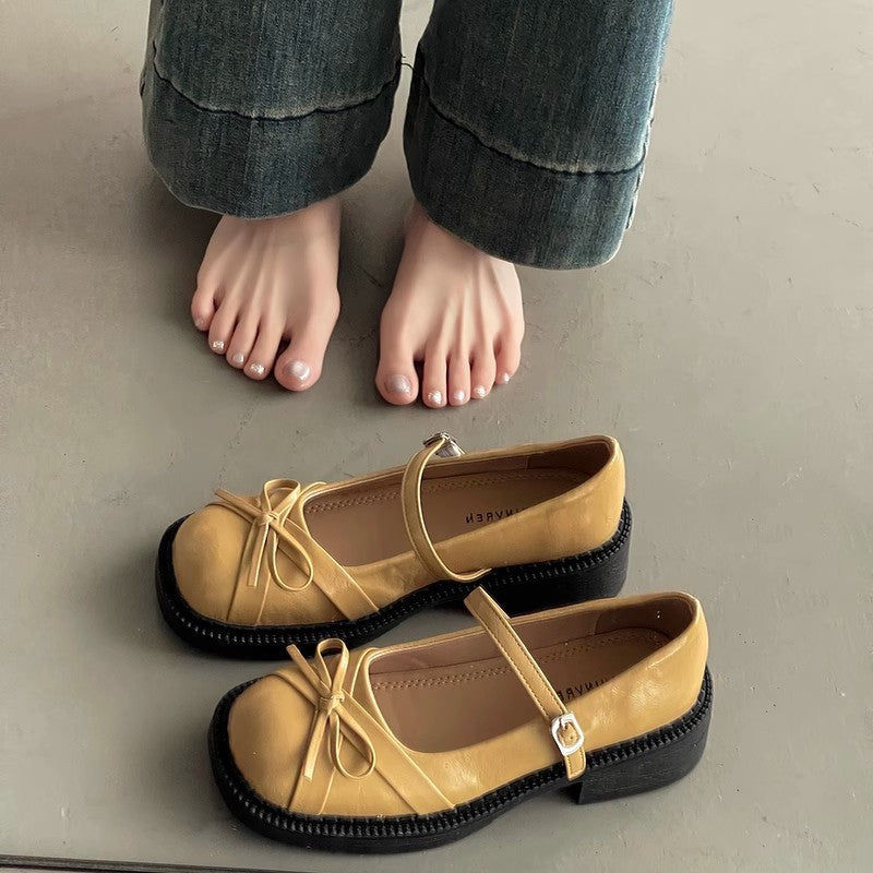 French new style spring and summer retro Women's chunky- heeled shoes, Silvery bow- adorned Mary Jane single- sole shoes, small Cover shoes