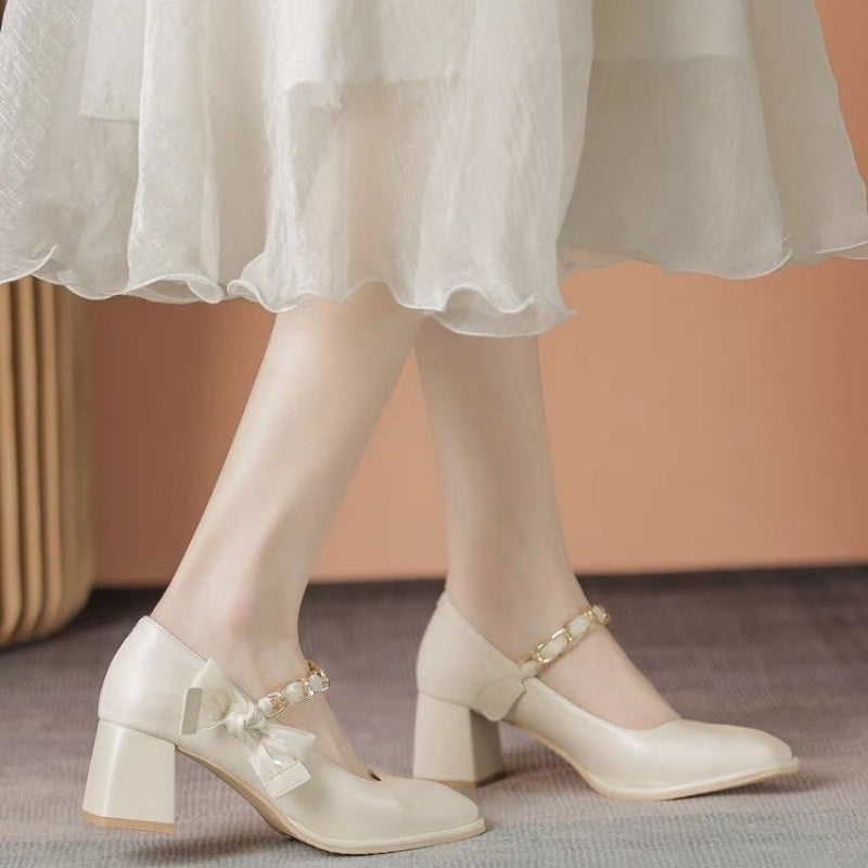 Elegant Retro Mary Jane Shoes - Square Toe, High Heels with Sequin Detail, PU Cover & Rubber Sole, Summer Women'S Fashion Footwear, Ladies Shoes