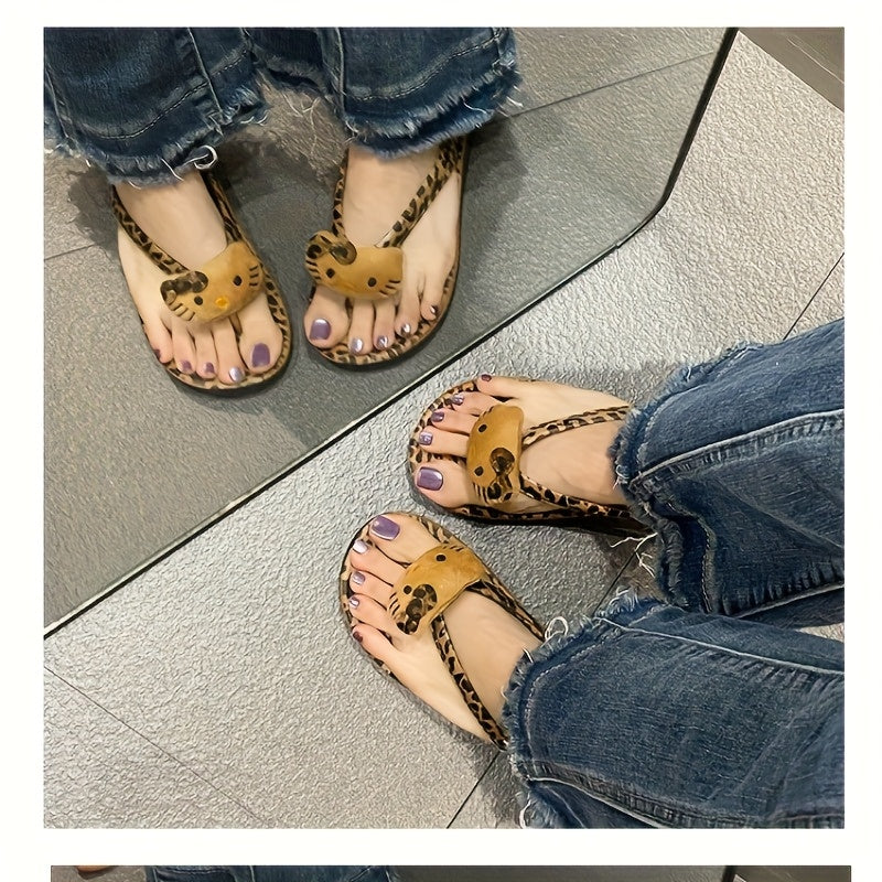 Sanrio Hello Kitty Women's Flip Flops - Leopard Print Soft Microfiber & EVA Thick Sole Slip-On Sandals, Black\u002FBrown Casual Beach Slippers for Summer Travel & Daily Wear, Beach Shoes