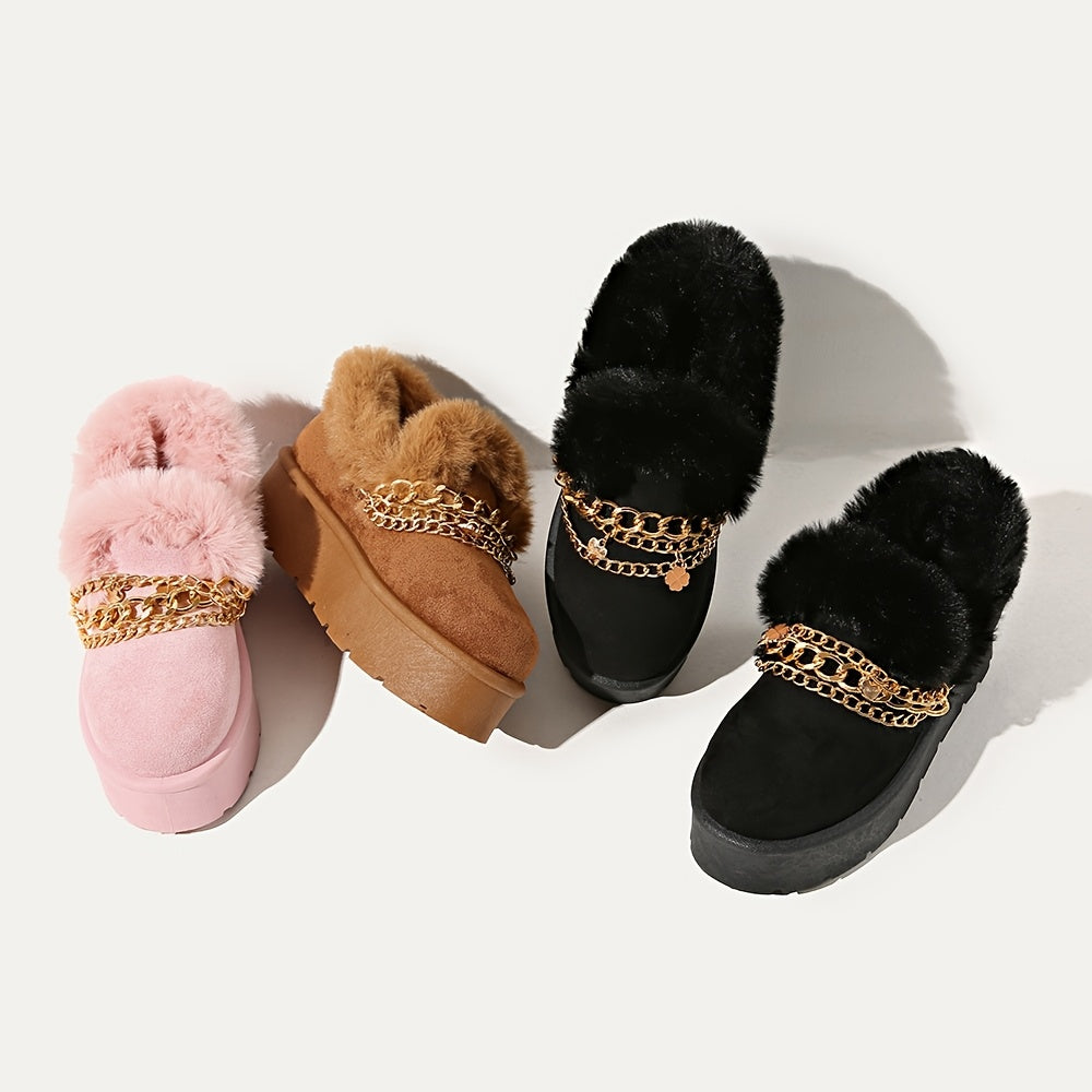 Women's Cozy Faux Fur-Lined Slipper Boots with Golden Chain Detail - Warm, Comfy, and Stylish Black Platform Ankle Boots for Indoor or Outdoor Use, Outdoor Slippers | Fashionable Snow Boots | Textured Fabric Upper, Ladies Slippers