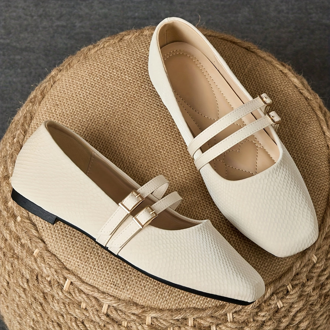 Women's French Square Toe Slip-On Flats - Beige Faux Cover Shoes with Cushioned Insole, Elegant Everyday & Formal Footwear for Women, Office, Parties, Casual Outfits - Grandma Flats, Office Wear, Minimalist Design, Durable Sole, Professional Women, Party