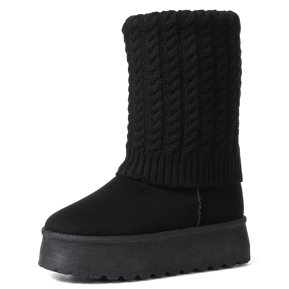 Women's Cozy Faux Fur-Lined Winter Snow Boots - Warm, Non-Slip Platform Wedge Heels with Thick Rubber Sole, Pull-On Comfort in Brown, Ribbed Knit Design for Added Warmth, Winter Boots