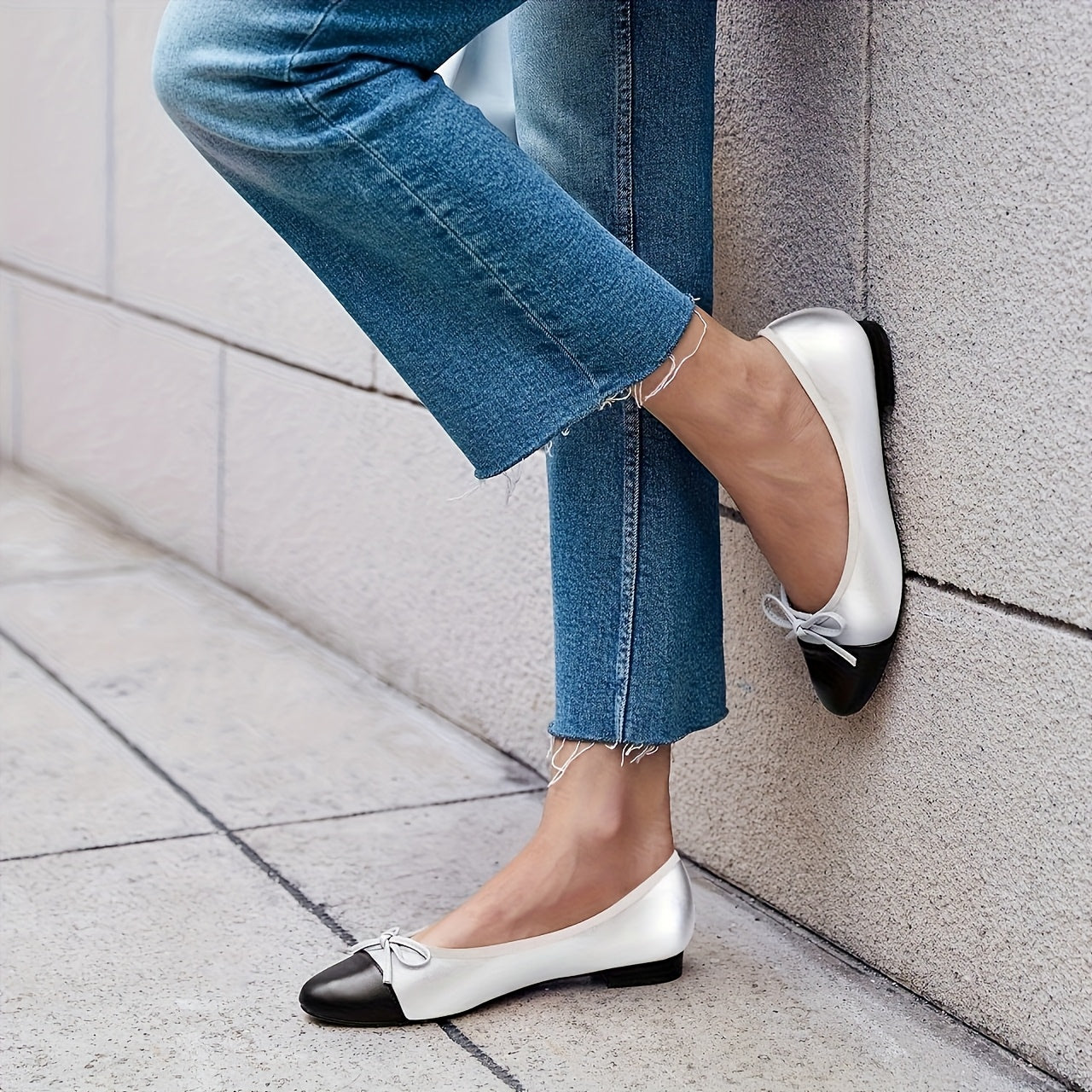 Chic Women's Slip-On Ballet Flats with Bow Detail - Pointed Toe, Faux Cover Cap Design in Black & White, Comfortable for Office, Work, and Party Wear