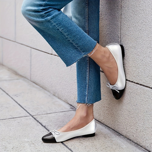 Chic Women's Slip-On Ballet Flats with Bow Detail - Pointed Toe, Faux Cover Cap Design in Black & White, Comfortable for Office, Work, and Party Wear