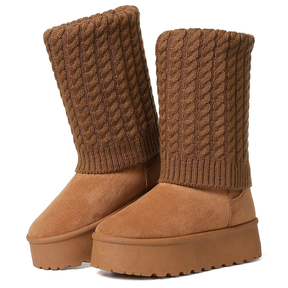 Women's Cozy Faux Fur-Lined Winter Snow Boots - Warm, Non-Slip Platform Wedge Heels with Thick Rubber Sole, Pull-On Comfort in Brown, Ribbed Knit Design for Added Warmth, Winter Boots