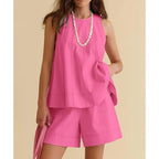 Elegant Solid Co-ord Set: Round Neck Tank Top & Wide-Leg Shorts