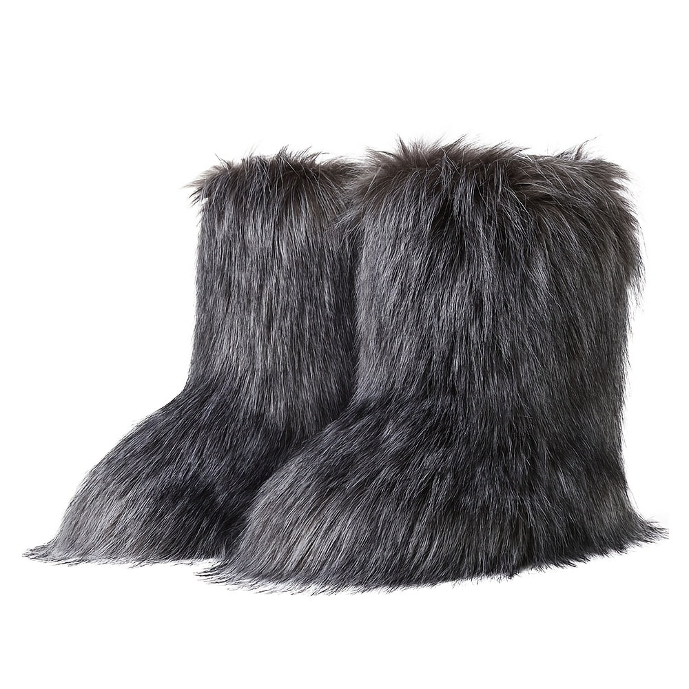 Women'S Faux Fur Boots, Winter Mid-rise Boots, Fluffy And Fashionable Cropped Snow Boots