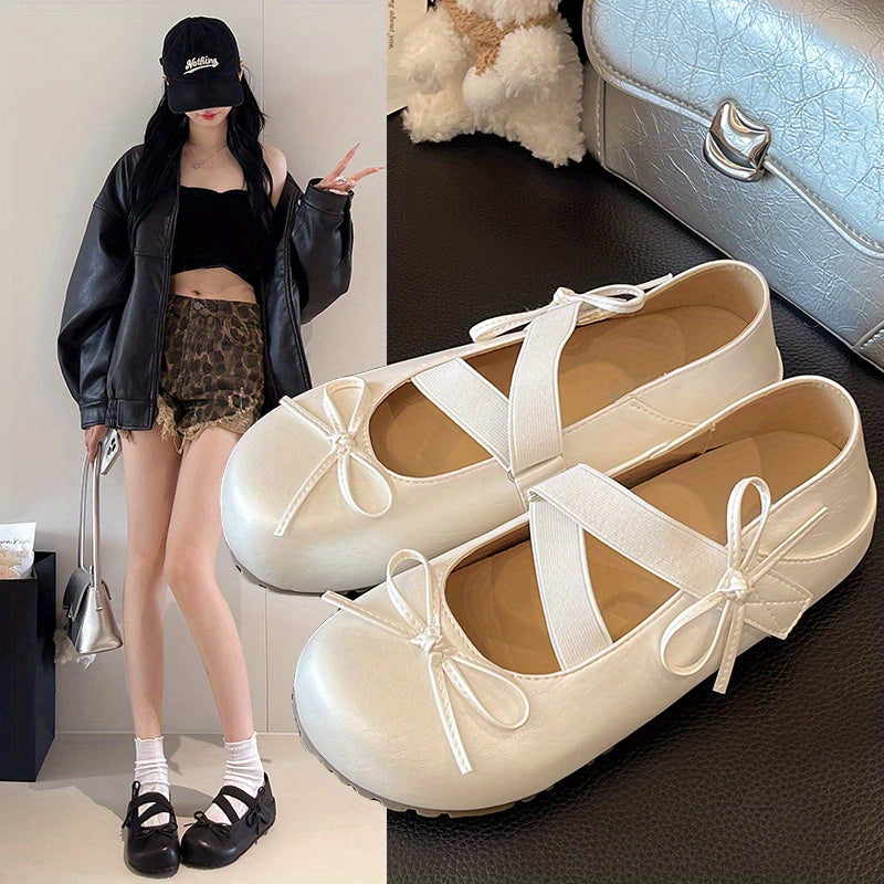 Women's Slip-On Shoes with Elegant Bow - Slip-On Closure, Round Toe, Cushioned TPR Sole - Low Heel (0.39-1.18inch) for Everyday & Formal Events - Women's Elegant Flats, Bow Embellishment, Shimmering Finish