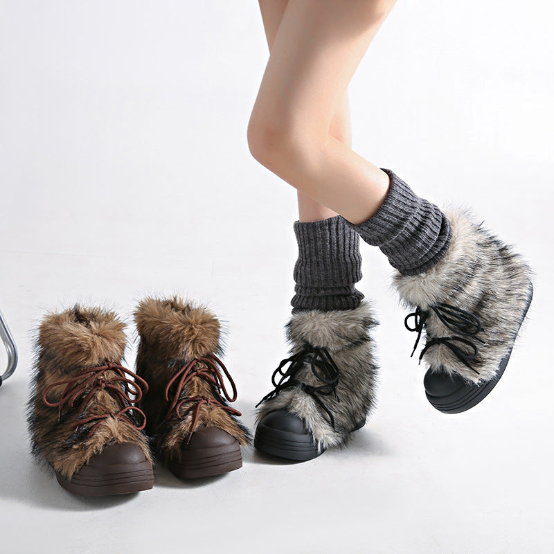Women's Vintage Chunky Winter Boots with Thick Platform Sole - Cold-Resistant Warm Round Toe Snow Boots, Slip-Resistant Rubber Outsole & Faux Fur Collar, Height-Increasing Korean Winter Shoes for Women (Grey\u002FBlack\u002FBeige) - EVA Upper & PVC Lining