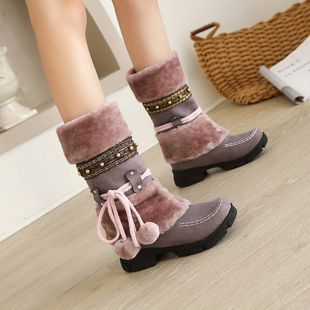 Women's Mid-Calf Slip-On Winter Snow Boots with Suede & Faux Fur, Striped Jingle Bells, High Quality Rubber Sole, Cozy Round Toe Warm Comfortable Booties for Cold Weather
