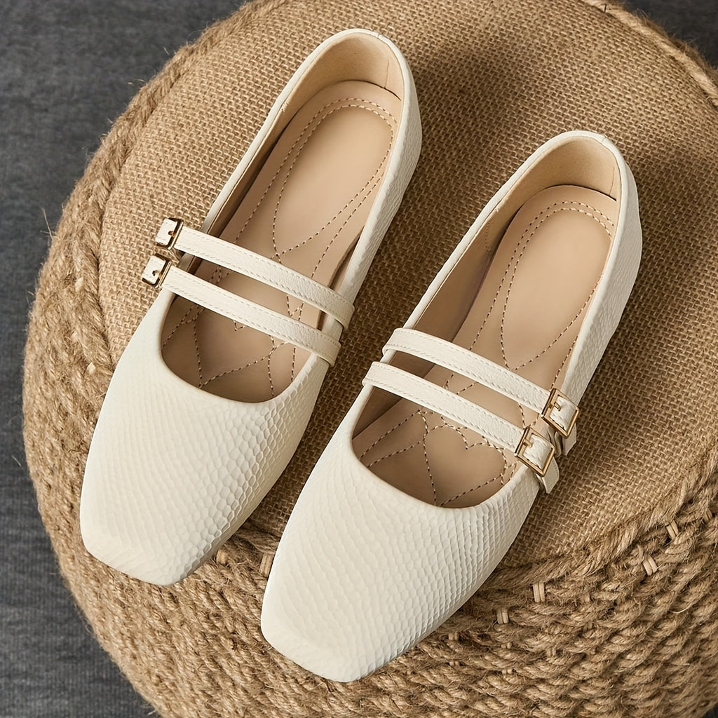 Women's French Square Toe Slip-On Flats - Beige Faux Cover Shoes with Cushioned Insole, Elegant Everyday & Formal Footwear for Women, Office, Parties, Casual Outfits - Grandma Flats, Office Wear, Minimalist Design, Durable Sole, Professional Women, Party