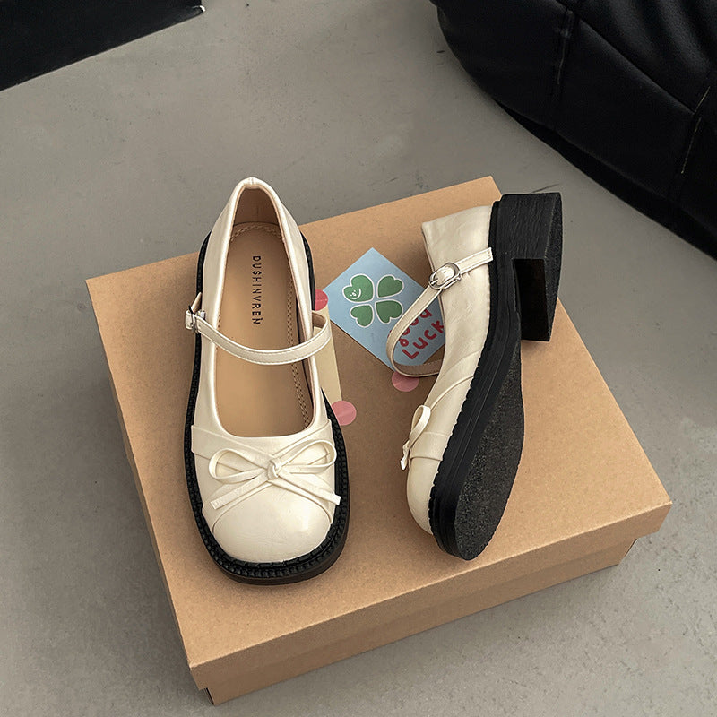 French new style spring and summer retro Women's chunky- heeled shoes, Silvery bow- adorned Mary Jane single- sole shoes, small Cover shoes