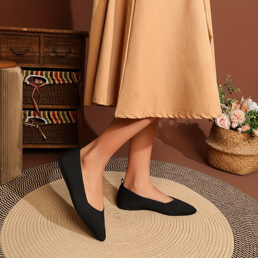 Women's Elegant Knit Ballet Flats - Pointed Toe, Lightweight Slip-On Design, Comfortable Dress Shoes with Ribbed Texture and Contrasting Color Accents, Versatile Footwear|Elegant Slipon Shoes|Fabric Upper Flats