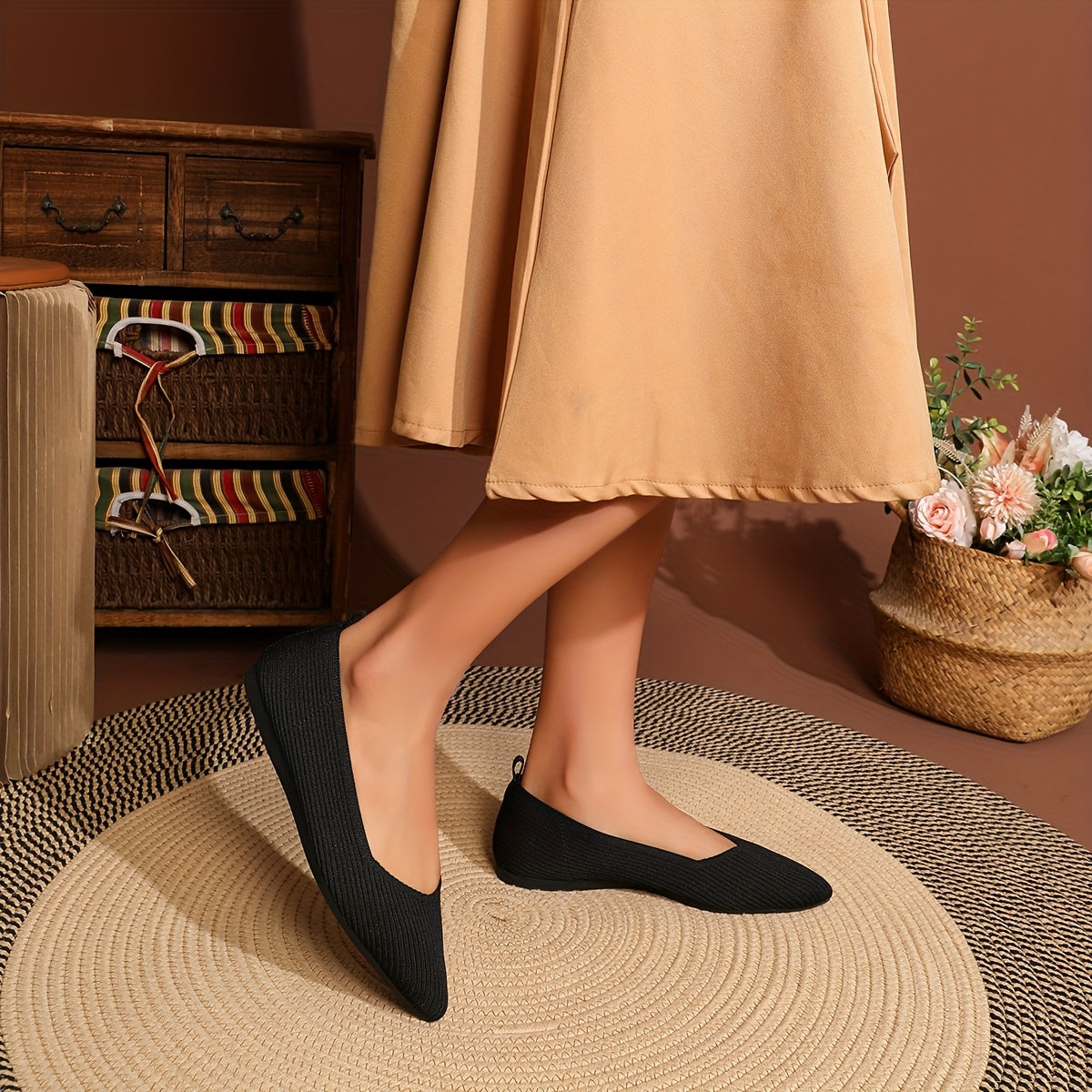 Women's Elegant Knit Ballet Flats - Pointed Toe, Lightweight Slip-On Design, Comfortable Dress Shoes with Ribbed Texture and Contrasting Color Accents, Versatile Footwear|Elegant Slipon Shoes|Fabric Upper Flats