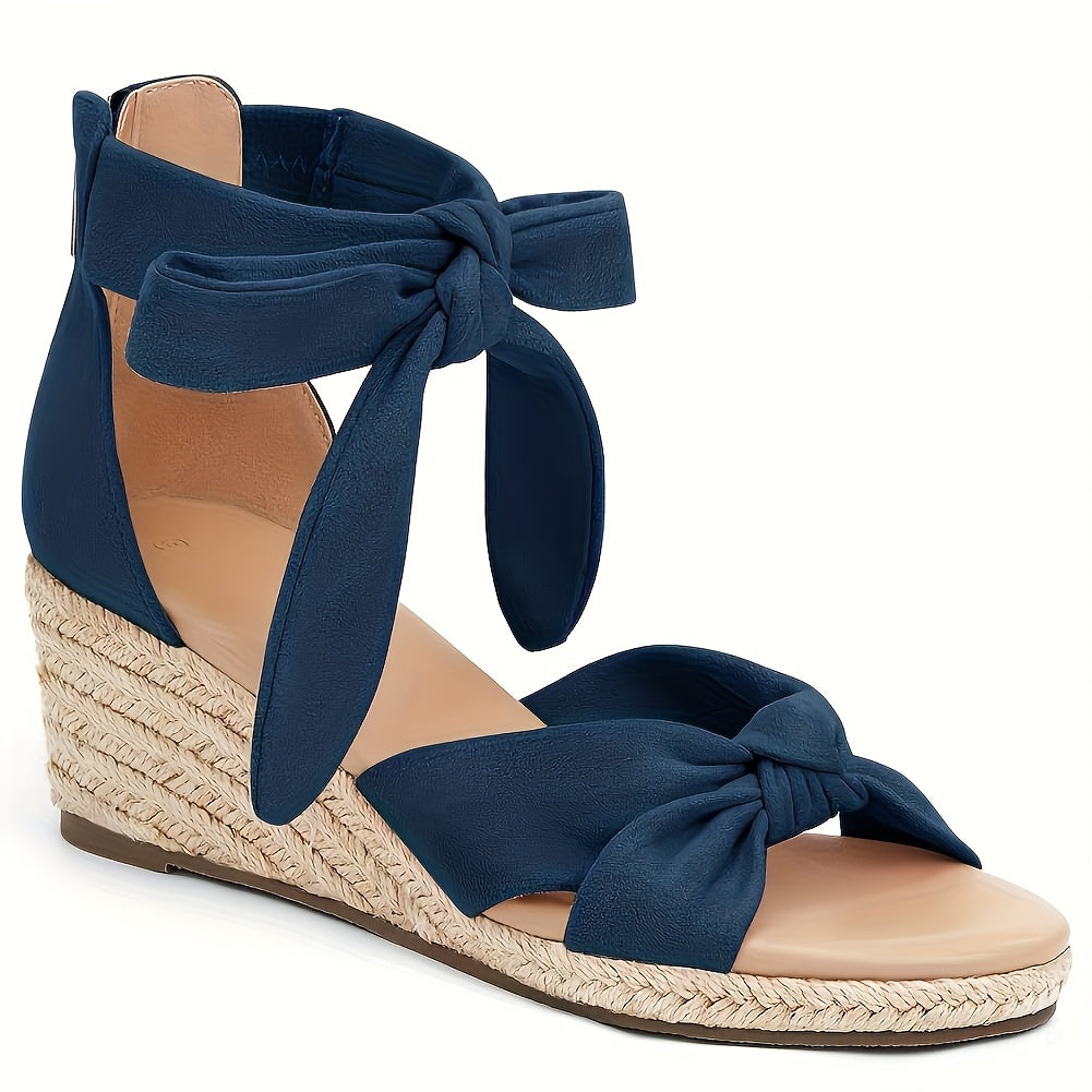 Women'S Grass Woven Slope Heel Sandals, High Heels, Open Toe Bow Zippered Lace Up Ankle Strap Shoes