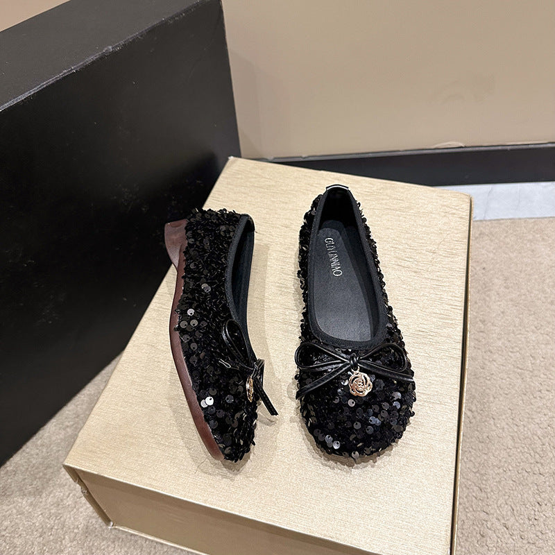 Women's sequined single- sole shoes, French- style retro Silvery bow fairy shoes, gentle and ladylike shoes matching with dresses, square- toed flat- soled soft- soled Women's sequined single- sole shoes