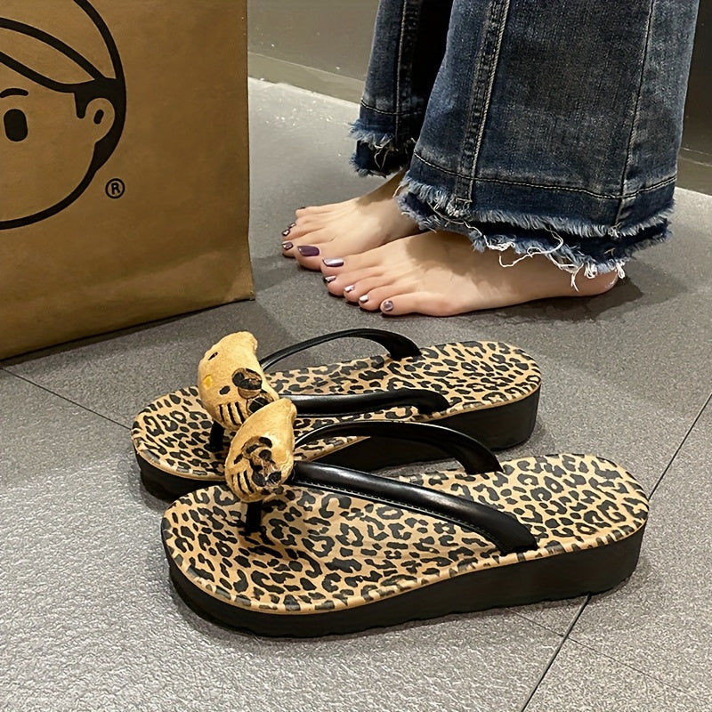 Sanrio Hello Kitty Women's Flip Flops - Leopard Print Soft Microfiber & EVA Thick Sole Slip-On Sandals, Black\u002FBrown Casual Beach Slippers for Summer Travel & Daily Wear, Beach Shoes