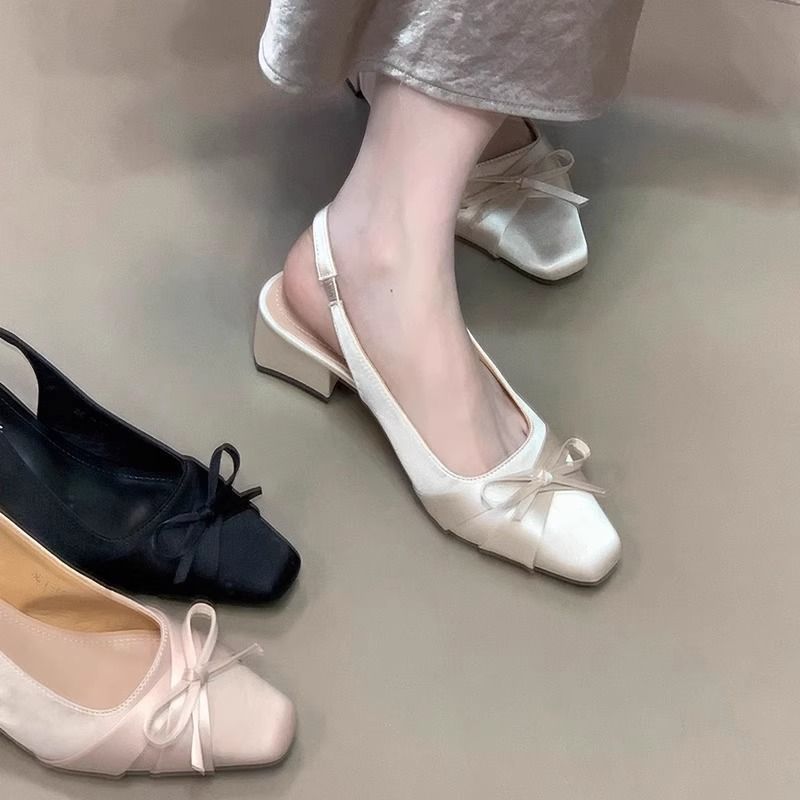 Women's Chunky Heel Closed-Toe Sandals - Pull-On Closure, Elegant French Shoes in Black\u002FWhite\u002FPink Beige - Cushioned PVC Insole & Non-Slip Rubber Outsole - Formal\u002FCasual Events - Easy-Clean PU Cover, Chunky Heel Sandals, Event Footwear, Bow