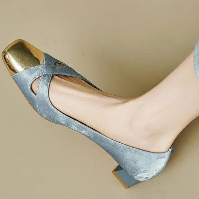 Women'S Vintage French Mary Jane Shoes - Pointed Toe Flat Heel with Round Toe Cutout, Soft Fabric Lining & Comfortable Cushioned Insole, Retro Elegant Pull-On Closure, Durable Rubber Sole - Beige & Blue Color-Block Design for Fall, Casual & Semi-Formal Ou