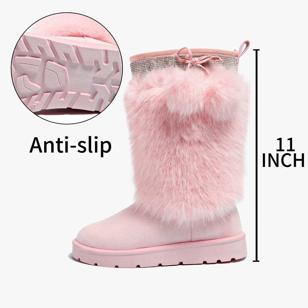 Women'S Plush Fur Ball Snow Boots, Mid-Calf Winter Booties, With Fabric Upper, Lining, Insole, PVC Sole, For Winter