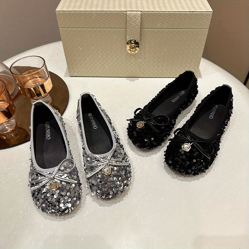Women's sequined single- sole shoes, French- style retro Silvery bow fairy shoes, gentle and ladylike shoes matching with dresses, square- toed flat- soled soft- soled Women's sequined single- sole shoes