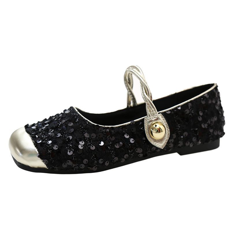 Women's Sparkling Sequin French Slip-On Shoes - Elegant Square Toe Low-Cut Flat Sole with Buckle Closure, All-Season Casual to Semi-Formal Black Sparkling Flats, Comfortable EVA Insole & Rubber Outsole for Parties, Office, Casual Attire