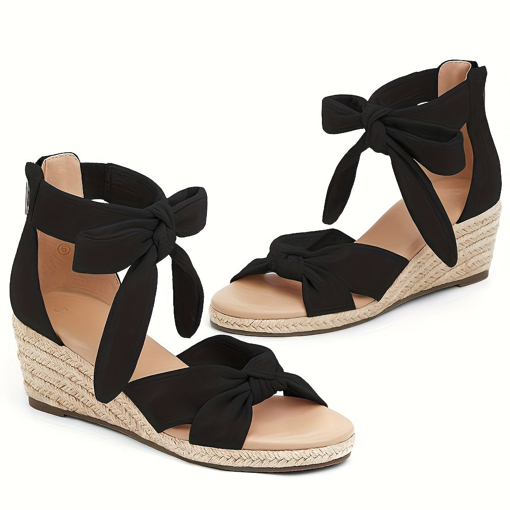 Women'S Grass Woven Slope Heel Sandals, High Heels, Open Toe Bow Zippered Lace Up Ankle Strap Shoes