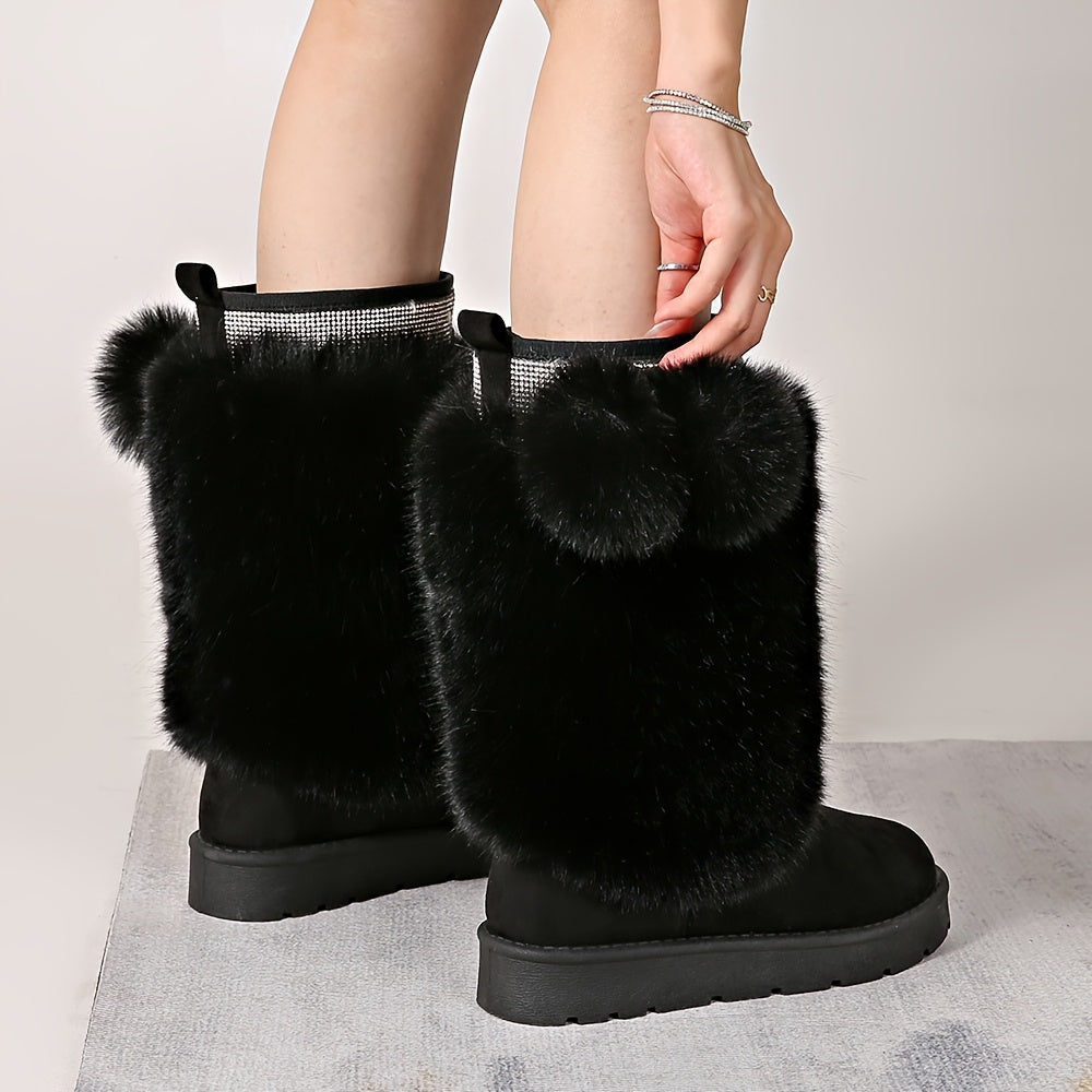 Women'S Plush Fur Ball Snow Boots, Mid-Calf Winter Booties, With Fabric Upper, Lining, Insole, PVC Sole, For Winter