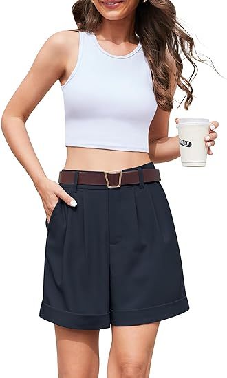 Women's High-Waist Wide-Leg Dress Shorts: Comfortable Elastic Waist Casual Work Trousers for Summer