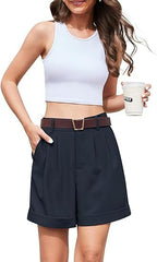 Women's High-Waist Wide-Leg Dress Shorts: Comfortable Elastic Waist Casual Work Trousers for Summer