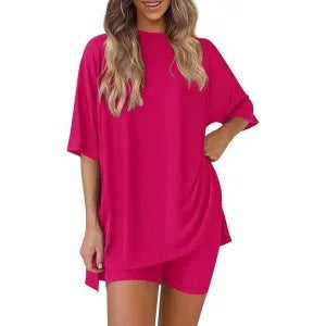 Crewneck Two-Piece Set ForWomen Summer Casual Oversized Split HemShirts & Side Pocket Biker Shorts