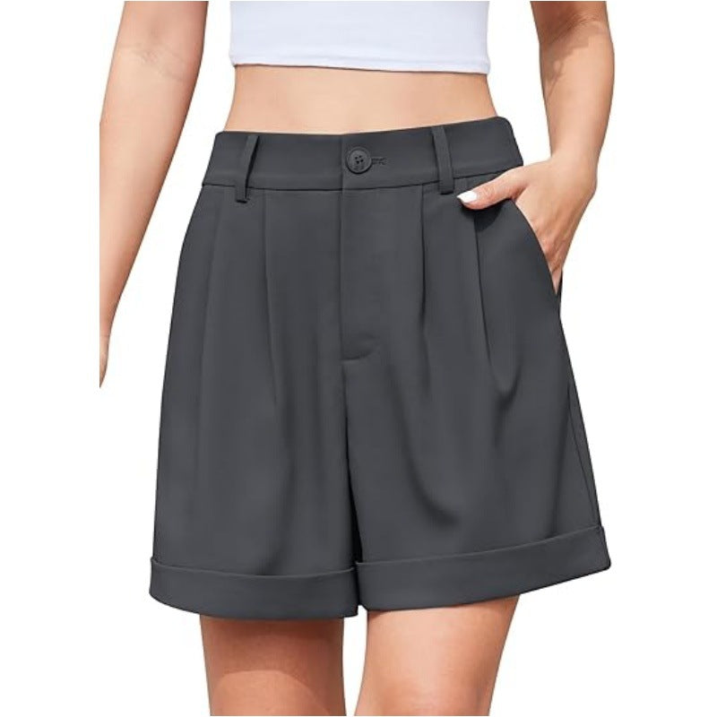 Women's High-Waist Wide-Leg Dress Shorts: Comfortable Elastic Waist Casual Work Trousers for Summer