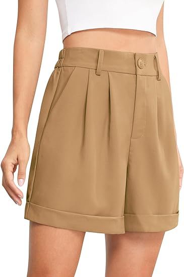 Women's High-Waist Wide-Leg Dress Shorts: Comfortable Elastic Waist Casual Work Trousers for Summer